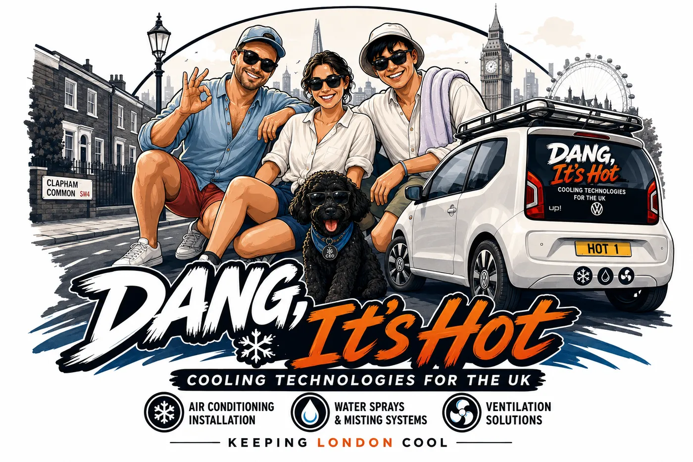 The Dang, It's Hot team on Clapham Common, with the van and the dog who thinks he runs the place.